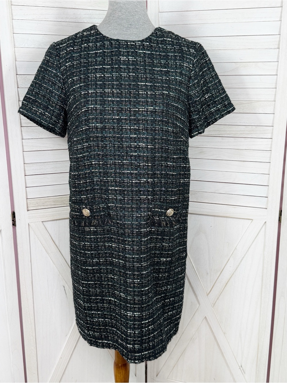 Loft Tweed Front Pocket Shift Dress Black Teal Size 4 Preppy Office Retro Boucle